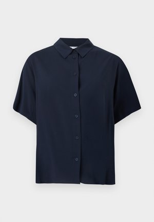 Chemise bleu marine à manches courtes avec col classique, présentée sur fond blanc.