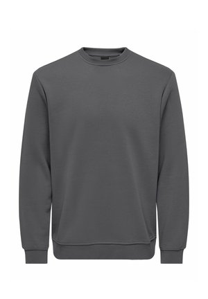 Vienkārša tumši pelēka sporta džemperis ar apaļu kaklu, garām piedurknēm un ribveida aprocēm un apakšmalu, attēlots uz baltas fona.