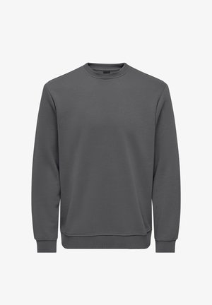 Enkelt mørkegrått genser med rund hals, lange ermer og ribbet mansjetter og kant, vist mot en hvit bakgrunn.