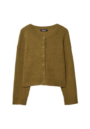 Olivengrøn, ribbet cardigan med lange ærmer, rund halsudskæring og seks teksturerede knapper fortil, cropped design.