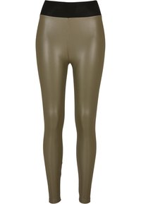 Leggings in ecopelle verde oliva con una ampia vita elastica nera e gambe slim e aderenti.