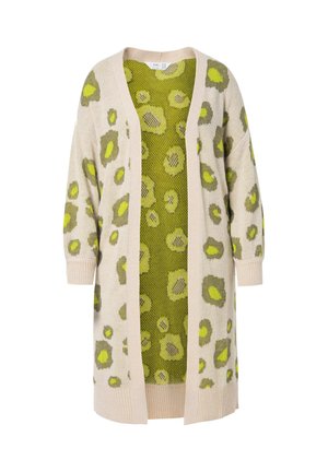 Cardigan lavorato a maglia con un esterno beige e macchie verdi, apertura frontale e maniche lunghe. L'interno presenta un motivo a rete verde brillante.