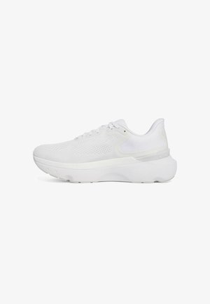 White athletic shoe featuring a textured mesh upper, padded collar, cushioned sole, and minimalistic design with tonal accents.
