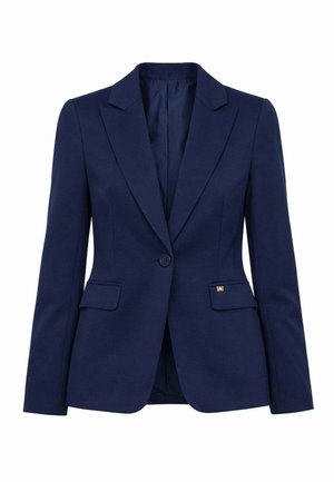 Blazer da donna sartoriale blu navy con rever a incavo, chiusura con un solo bottone, due tasche frontali con pattina e maniche lunghe.