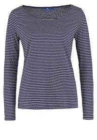 Bluzka z długim rękawem w kolorze granatowym z białymi, poziomymi paskami, z szerokim dekoltem i miękkim, oddychającym materiałem.