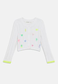 Λευκό ριμπ πλεκτό ζακέτα με κομψτό cropped σχέδιο, που διαθέτει πολύχρωμα κεντημένα σχήματα όπως καρδιές, αστέρια και σανίδες σερφ. Ροζ κουμπιά, νεον πράσινες λεπτομέρειες.