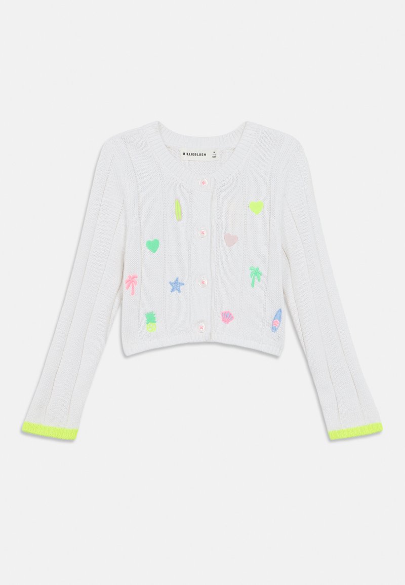 Λευκό ριμπ πλεκτό ζακέτα με κομψτό cropped σχέδιο, που διαθέτει πολύχρωμα κεντημένα σχήματα όπως καρδιές, αστέρια και σανίδες σερφ. Ροζ κουμπιά, νεον πράσινες λεπτομέρειες.