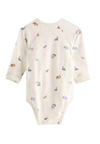 Langärmliger Bodysuit aus cremefarbener Baumwolle mit verschiedenen farbigen Dinosaurier-Mustern. Mit Raglanärmeln und weichen, umschlagenen Säumen.