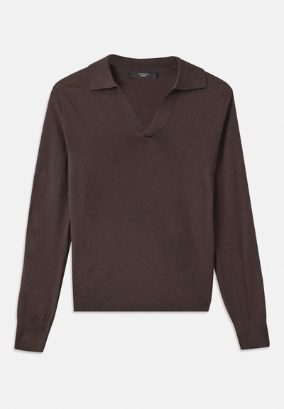 Tumepruun pikki varrukatega pullover, millel on V-kaelus ja krae. Valmistatud pehmest materjalist, ribadega mansettidega ja sirge äärisega. Lihtne disain.