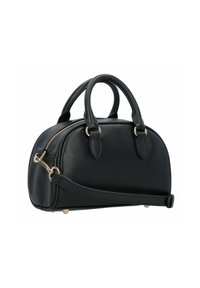 Borsa a mano in pelle nera con forma arrotondata, manici superiori doppi, una tracolla rimovibile e dettagli in zip dorata.