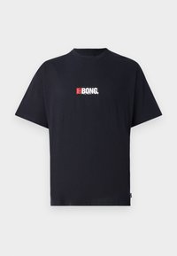 Black short-sleeve t-shirt made of cotton, featuring a red and white graphic print on the chest that reads "BONG." Classic crew neck design.