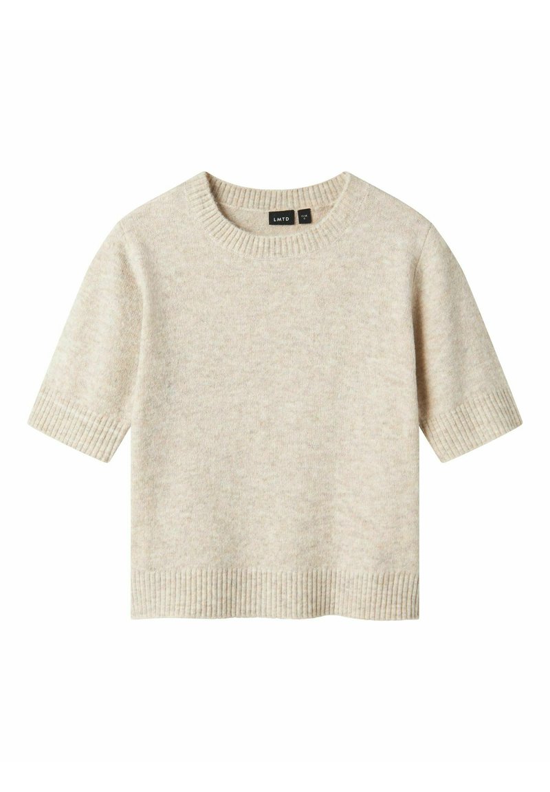 Kortärmad, ljusbeige tröja med ribbat halsringning och nederkant. Mjuk textur, boxig form och minimalistisk design. Etikett synlig inuti.