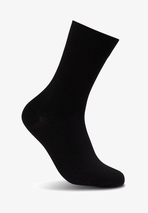 Calzini neri al ginocchio realizzati in tessuto liscio. Presentano una fascia a costine nella parte superiore e una punta rinforzata per una maggiore durata. Design classico.