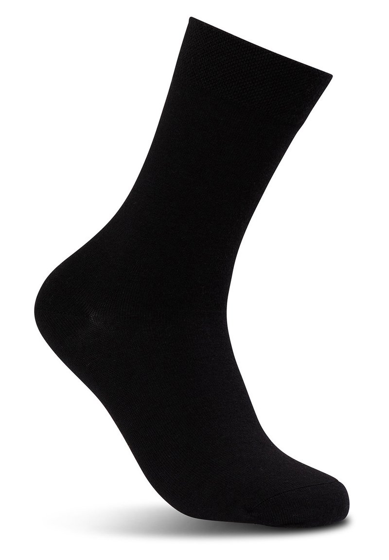 Calzini neri al ginocchio realizzati in tessuto liscio. Presentano una fascia a costine nella parte superiore e una punta rinforzata per una maggiore durata. Design classico.