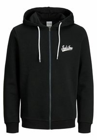 Sort zip-up hættejakke lavet af bomuldsblanding med hvide snore. Har en frontlynlås, ribbede manchetter og kant, samt et logo på brystet.