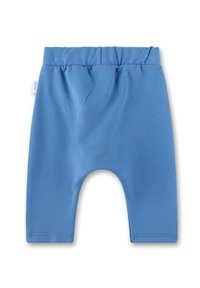 Blaue Baumwollshorts mit elastischem Bund, abgerundeten Beinöffnungen und glatter Textur. Verfügt über ein kleines Markenlabel an der Seite.