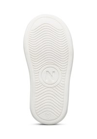 Suola di scarpa in gomma bianca con motivi a onde texture e un logo circolare con la lettera "N" al centro. Numero "21" impresso vicino al bordo.