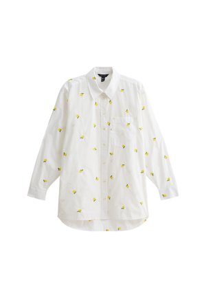 Witte lange mouw shirt met gele citroenborduring, knoopsluiting aan de voorkant, kraag en een enkele borstzak. Zachte katoenstof.