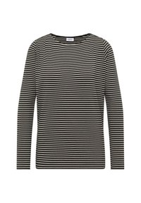 Czarna i biała koszulka w paski z długim rękawem i okrągłym dekoltem. Materiał wydaje się miękki i lekko teksturowany, z równomiernym wzorem pasków.