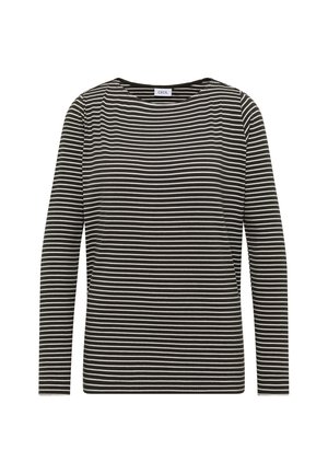 Camiseta de manga larga a rayas blancas y negras con cuello redondo. La tela parece suave y ligeramente texturizada, con un patrón de rayas uniforme.