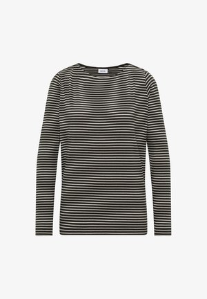 Camiseta de manga larga a rayas blancas y negras con cuello redondo. La tela parece suave y ligeramente texturizada, con un patrón de rayas uniforme.