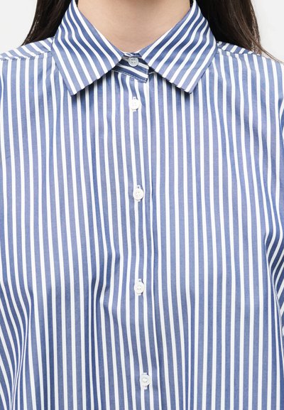 Πουκάμισο με κάθετες μπλε και λευκές ρίγες και κουμπιά, με μυτερό γιακά, σε άτομο με σκούρα μαλλιά.