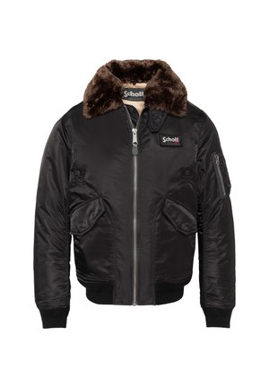 Schwarze Bomberjacke mit braunem Fellkragen, Frontreißverschluss, zwei geknöpften Klappentaschen, Reißverschlusstasche am Ärmel und Schott-Logo-Patch auf der Brust.