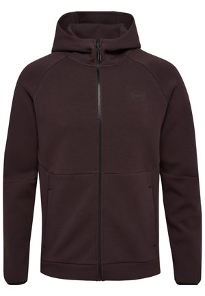 Bordeauxrode hoodie met rits, raglanmouwen, twee zijzakken en een subtiele logo op de borst. Gemaakt van gestructureerde stof.