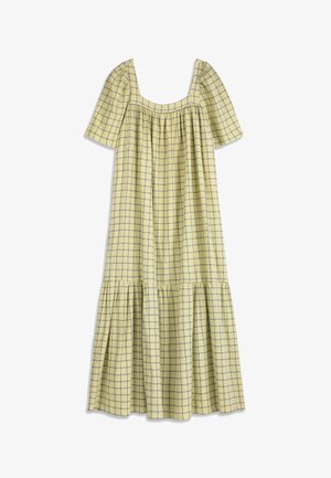 Robe midi jaune avec manches courtes bouffantes, décolleté carré et motif à carreaux bleu en forme de fenêtre, avec jupe à volants froncés.