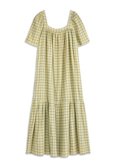 Robe midi jaune avec manches courtes bouffantes, décolleté carré et motif à carreaux bleu en forme de fenêtre, avec jupe à volants froncés.