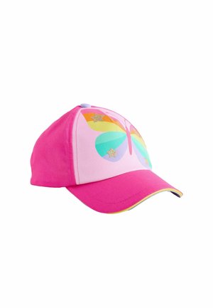 Cappellino rosa con motivo farfalla dalle ali arcobaleno e stelle dorate. Tessuto morbido con visiera curva e dettagli a contrasto.