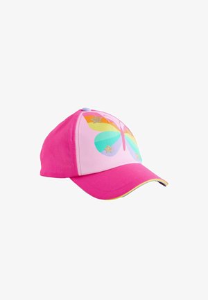 Roze pet met een vlinderontwerp met regenboogkleurige vleugels en gouden sterren. Zachte stof met een gebogen klep en contrasterende accenten.