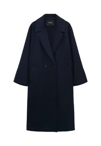 Marineblauer Mantel mit doppelter Knopfleiste, breiten Revers und überschnittenen Schultern. Hergestellt aus strukturiertem Stoff mit zwei vorderen Taschen.