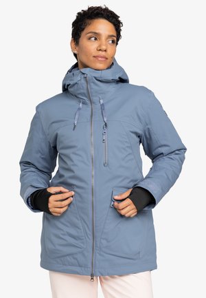 Light blue, hooded jacket with zippered front, two front pockets, elastic cuffs, and textured fabric. Features adjustable drawstrings on the hood.