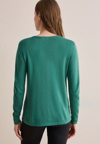 Grüner Pullover mit langen Ärmeln, weichem Griff, rundem Halsausschnitt und gerippten Bündchen. Die Rückseite weist ein klares Design ohne Verzierungen auf.