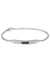 Pulsera de cadena de plata con un centro rectangular plano adornado con un inserto negro. Metal suave con acabado pulido y cierre seguro.