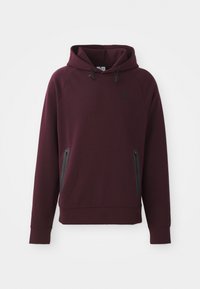 Sweatshirt à capuche bordeaux en tissu doux, avec une poche kangourou dotée de zips sur les côtés et des accents noirs. Manches et ourlet côtelés.
