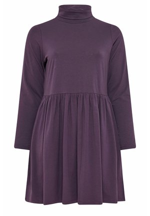 Long-sleeve, purple dress with a turtleneck and a gathered waistline, crafted from soft fabric with a smooth texture and knee-length hem.