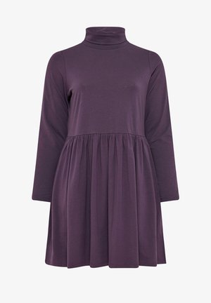 Abito lungo a maniche, di colore viola, con colletto alto e vita arricciata, realizzato in tessuto morbido con una texture liscia e orlo al ginocchio.