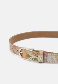 Multicolored leather belt with a metallic silver buckle, featuring a floral pattern and five adjustable holes for sizing.