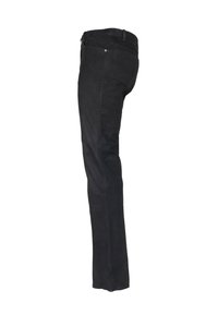 Zwarte, slim-fit broek van gestructureerde stof. Voorzien van achterzakken en metalen hardware. Glad afgewerkt met een recht silhouette.