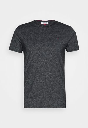 T-shirt gris foncé slim à manches courtes avec petit logo Tommy Jeans sur la poitrine gauche et col rond.