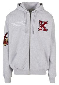 Hoodie zippé gris en tissu doux. Présente des lettres brodées "K" et "ANI", avec des accents graphiques sur la manche gauche et du texte imprimé.