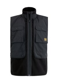 Chaleco negro con cremallera al frente, dos bolsillos en el pecho con solapas y forro de forro polar para mayor calidez. Fabricado con un tejido duradero y de textura suave.