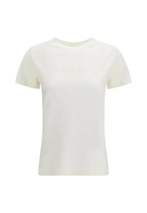 T-shirt bianca a maniche corte con scollo tondo e logo "PINKO" in rilievo al centro del petto, mostrata su uno sfondo semplice.