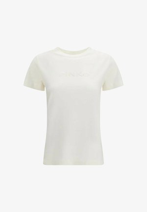 T-shirt bianca a maniche corte con scollo tondo e logo "PINKO" in rilievo al centro del petto, mostrata su uno sfondo semplice.
