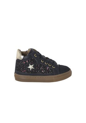 Navy blue children's sneaker with black glitter panel, gold star detail, beige heel, gold eyelets, and brown rubber sole.