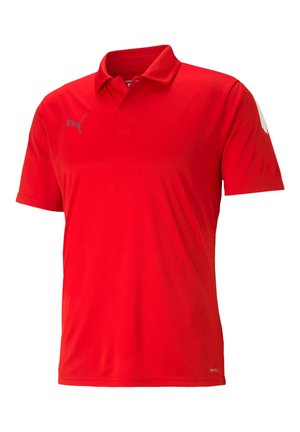 Rode polo shirt gemaakt van een gladde stof, voorzien van een kraag, korte mouwen en een grijs logo op de bovenste linkerborst.