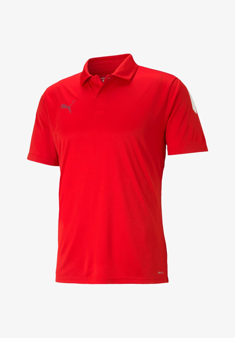 Rotes Polohemd aus glattem Stoff, mit Kragen, kurzen Ärmeln und einem grauen Logo auf der oberen linken Brust.