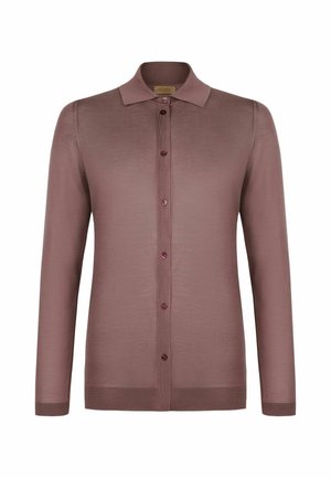 Mauve kardigan z długim rękawem, kołnierzykiem i siedmioma guzikami z przodu, wykonany z delikatnej dzianiny.